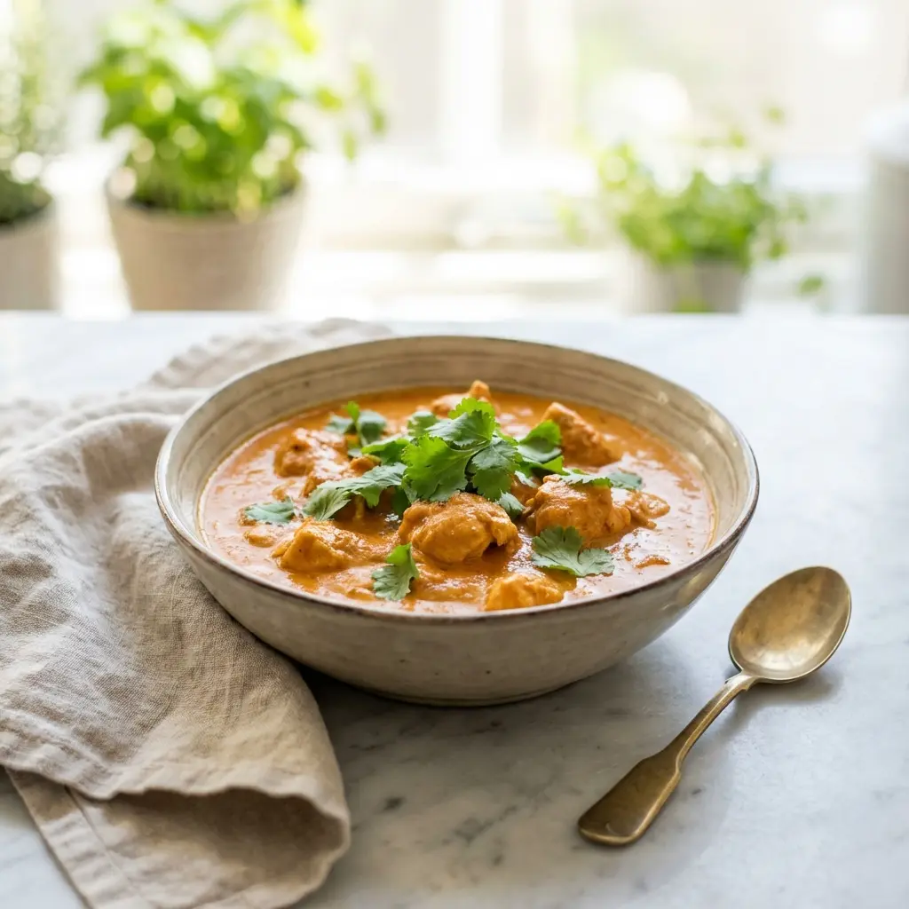 A bowl of easy chicken tikka masala, garnished with fresh cilantro, shot from a slightly elevated angle.