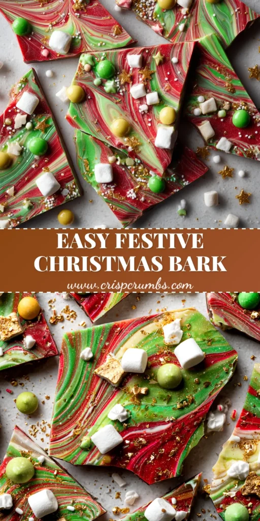 An overhead shot of festive Christmas Bark broken into pieces on parchment paper, decorated with red and green sprinkles and crushed peppermint. The perfect easy holiday treat.