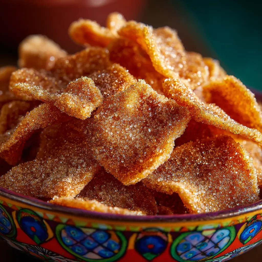 A close-up shot of crispy, golden-brown cinnamon sugar crisps piled together, showing their sugary texture.