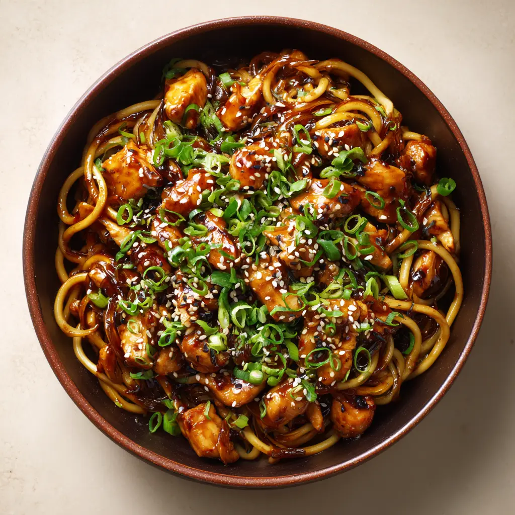 A bowl of easy garlic chicken stir fry noodles, showing the tender pieces of chicken mixed with the noodles and sauce.