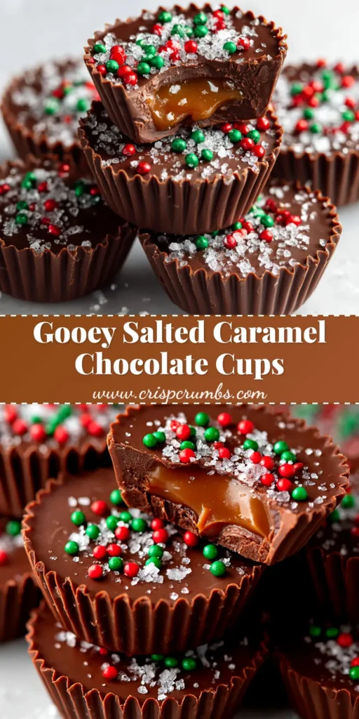 A delectable stack of homemade chocolate caramel cups with flaky sea salt on top. An easy, no-bake recipe for a decadent treat.