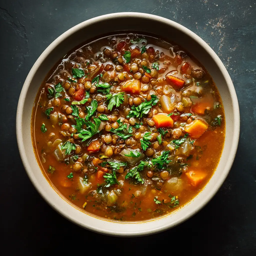 A spoonful of easy one-pot vegetarian lentil soup being lifted from a bowl, garnished with fresh herbs.