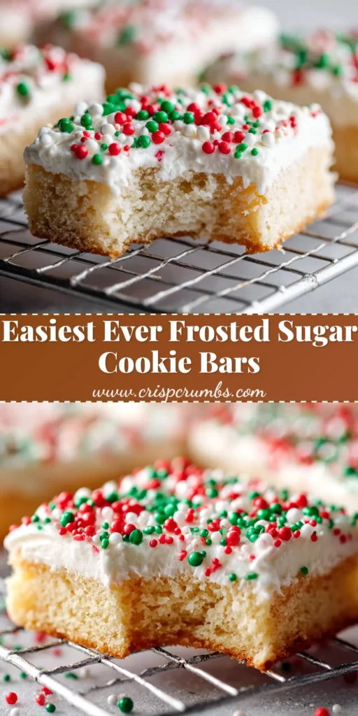 An overhead shot of soft, chewy sugar cookie bars cut into squares, topped with creamy white frosting and colorful rainbow sprinkles. One bar is slightly separated from the others.