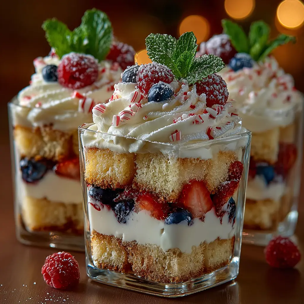 A collection of beautifully decorated Christmas trifle desserts ready to be served at a holiday gathering.