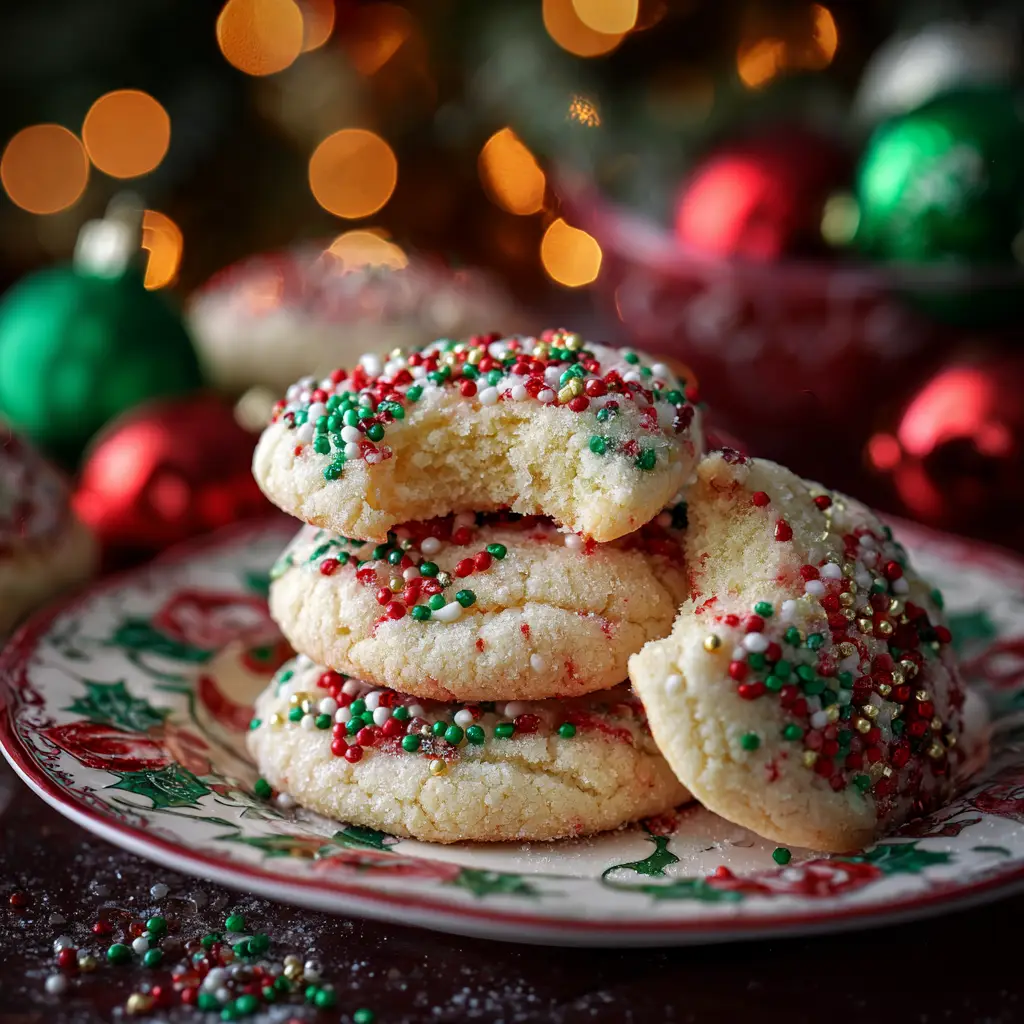 A stack of festive funfetti cookies for Christmas, showcasing their buttery crumb and vibrant sprinkles against a holiday-themed background.