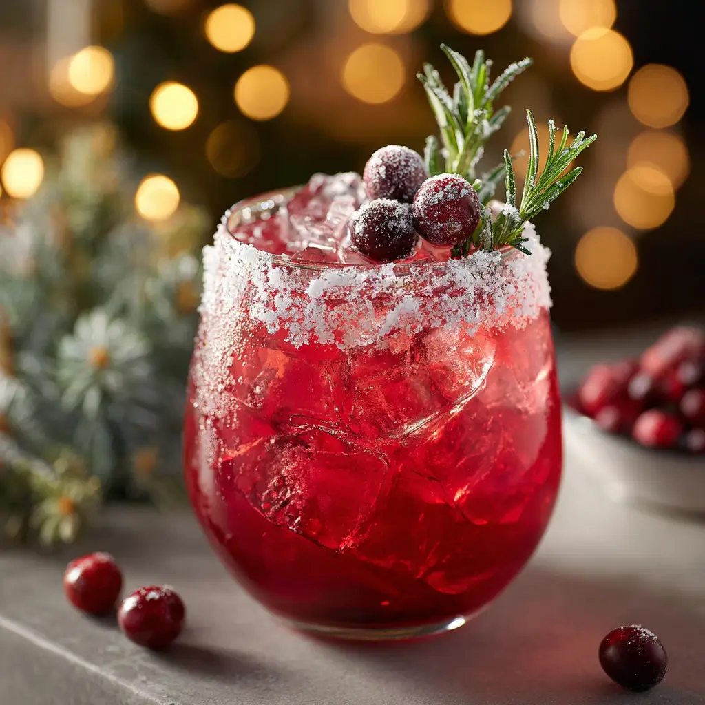 A close-up of a festive Mistletoe Margarita in a rocks glass with a sugar rim. The cocktail is garnished with bright red cranberries and a green rosemary sprig, sitting on a dark, moody surface.