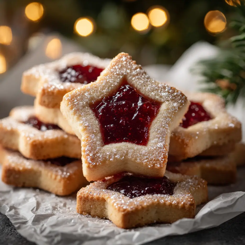 A star-shaped holiday cookie with a jewel-like plum center, ready for a cookie exchange. The festive shortbread is dusted with sparkling sugar.