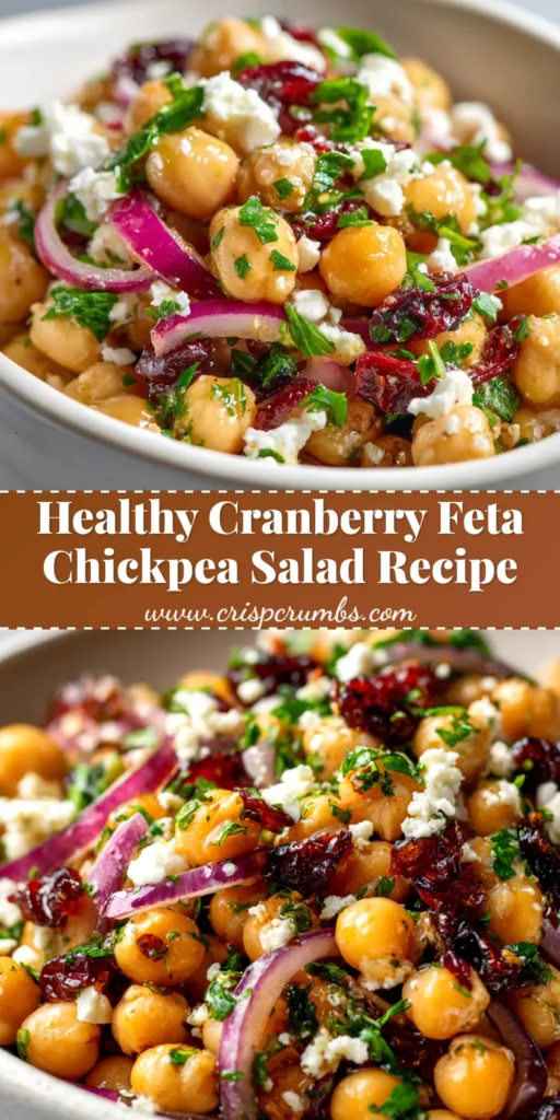 A vibrant Feta and Cranberry Chickpea Salad served in a white bowl, topped with fresh dill. Perfect for a quick and healthy vegetarian lunch.