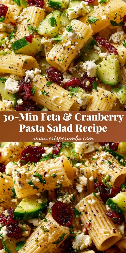 A large white bowl filled with Feta Cranberry Pasta Salad, garnished with fresh parsley. The perfect make-ahead holiday side dish.
