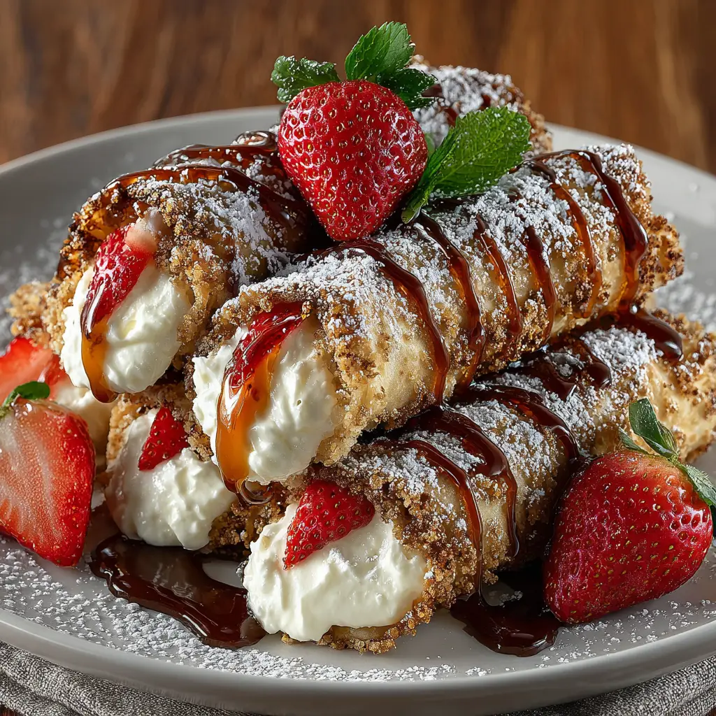 An assembled plate of delicious cheesecake egg rolls ready to be served, showing the final result of the easy-to-follow recipe.