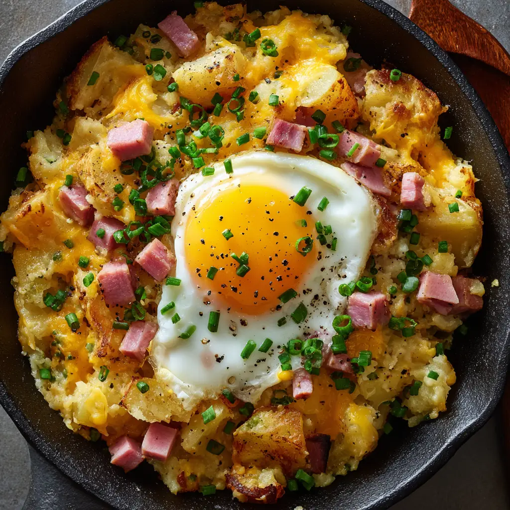 A close-up of the finished Cheesy Potato Egg Scramble, showing the melted cheese and fluffy eggs mixed with crispy potatoes.
