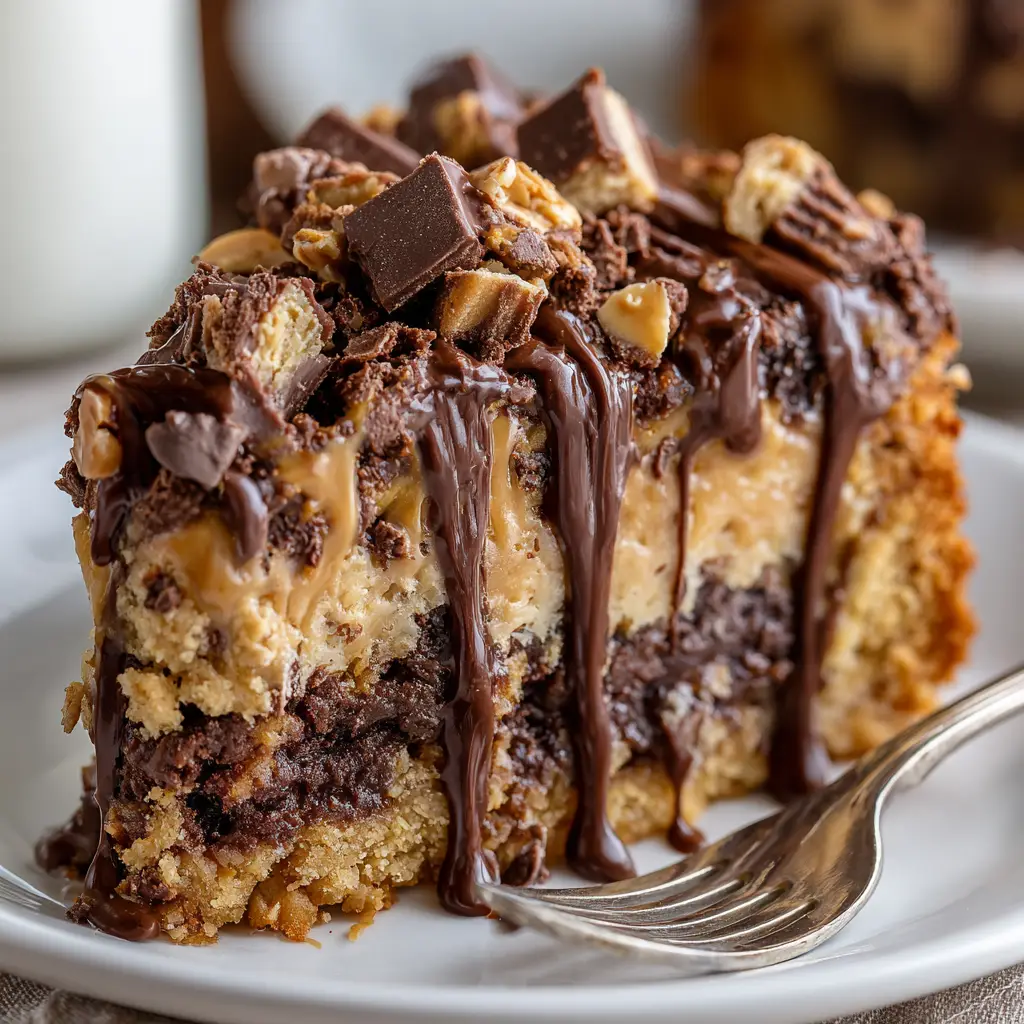 A scoop of the finished Reese's dump cake on a plate, showing the gooey peanut butter cups and moist chocolate cake.
