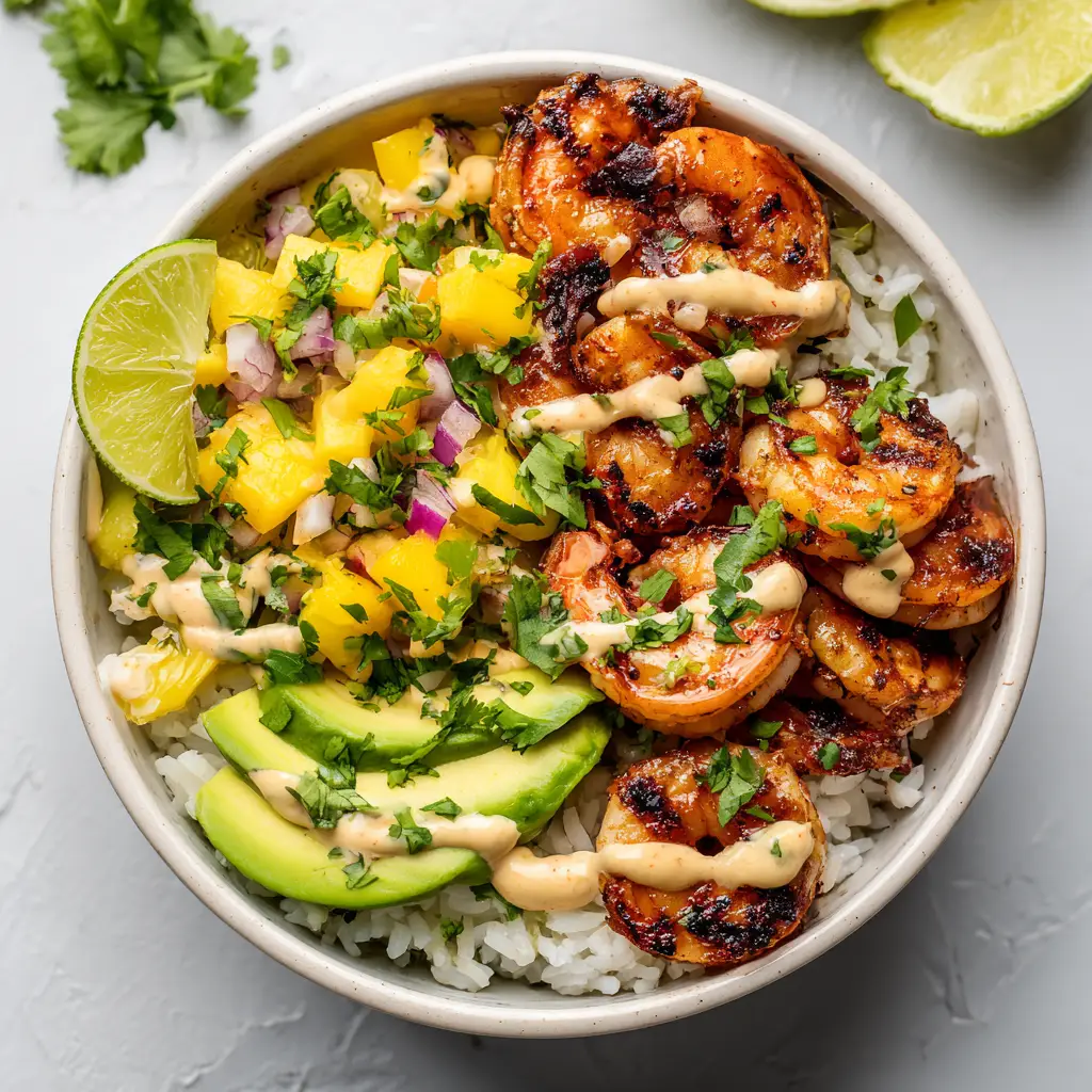 Two fully assembled shrimp avocado bowls ready to be served, showcasing the final dish with a generous drizzle of cilantro lime dressing.