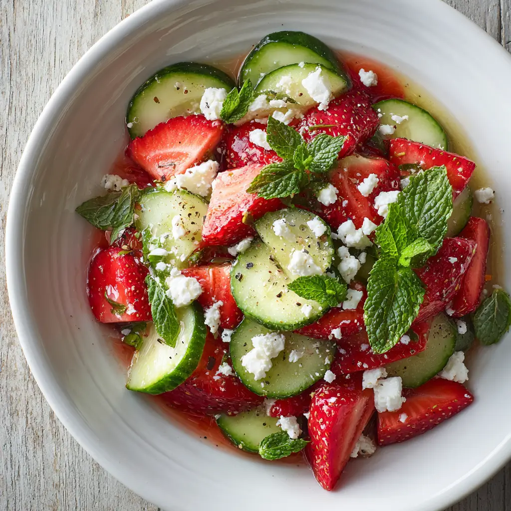 A beautiful serving bowl filled with the finished Strawberry Cucumber Salad, tossed with a light vinaigrette and garnished with mint.