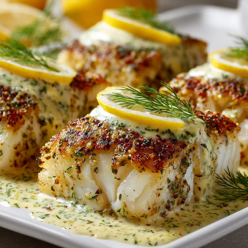 A close-up of a single serving of the baked cod recipe on a plate, showing the flaky texture of the fish.