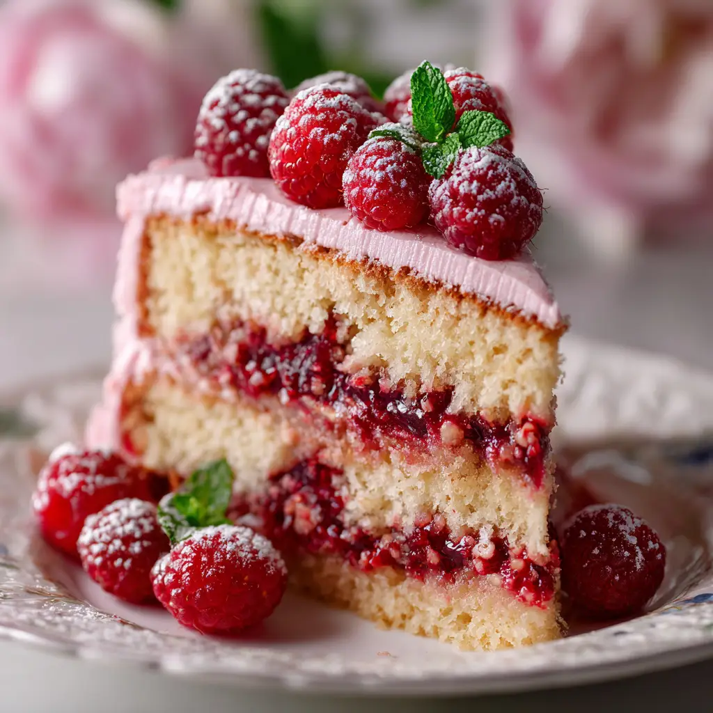 An overhead shot of the ingredients for the raspberry cake recipe laid out, including flour, sugar, butter, eggs, and fresh raspberries.