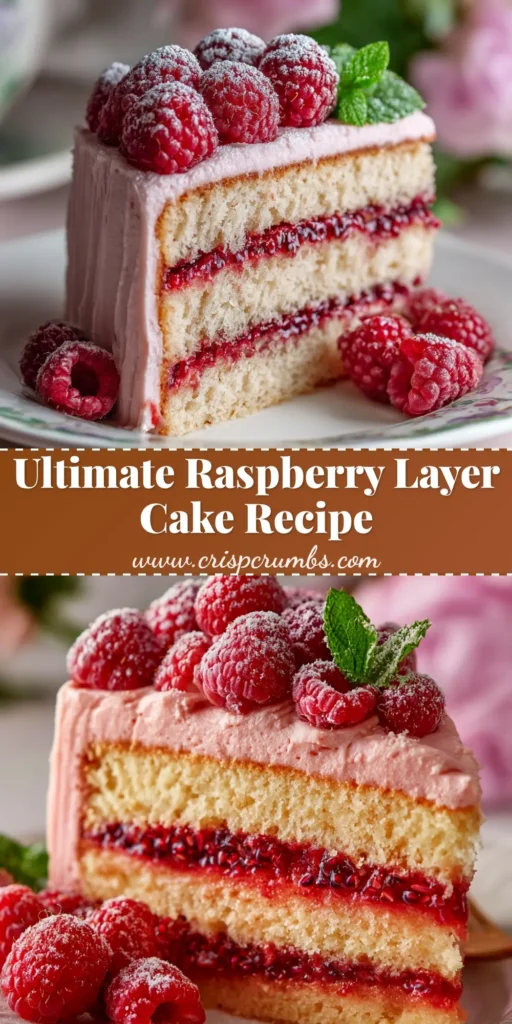 A beautiful slice of fresh raspberry layer cake on a white plate, showcasing moist vanilla cake layers, a vibrant raspberry filling, and creamy buttercream frosting.