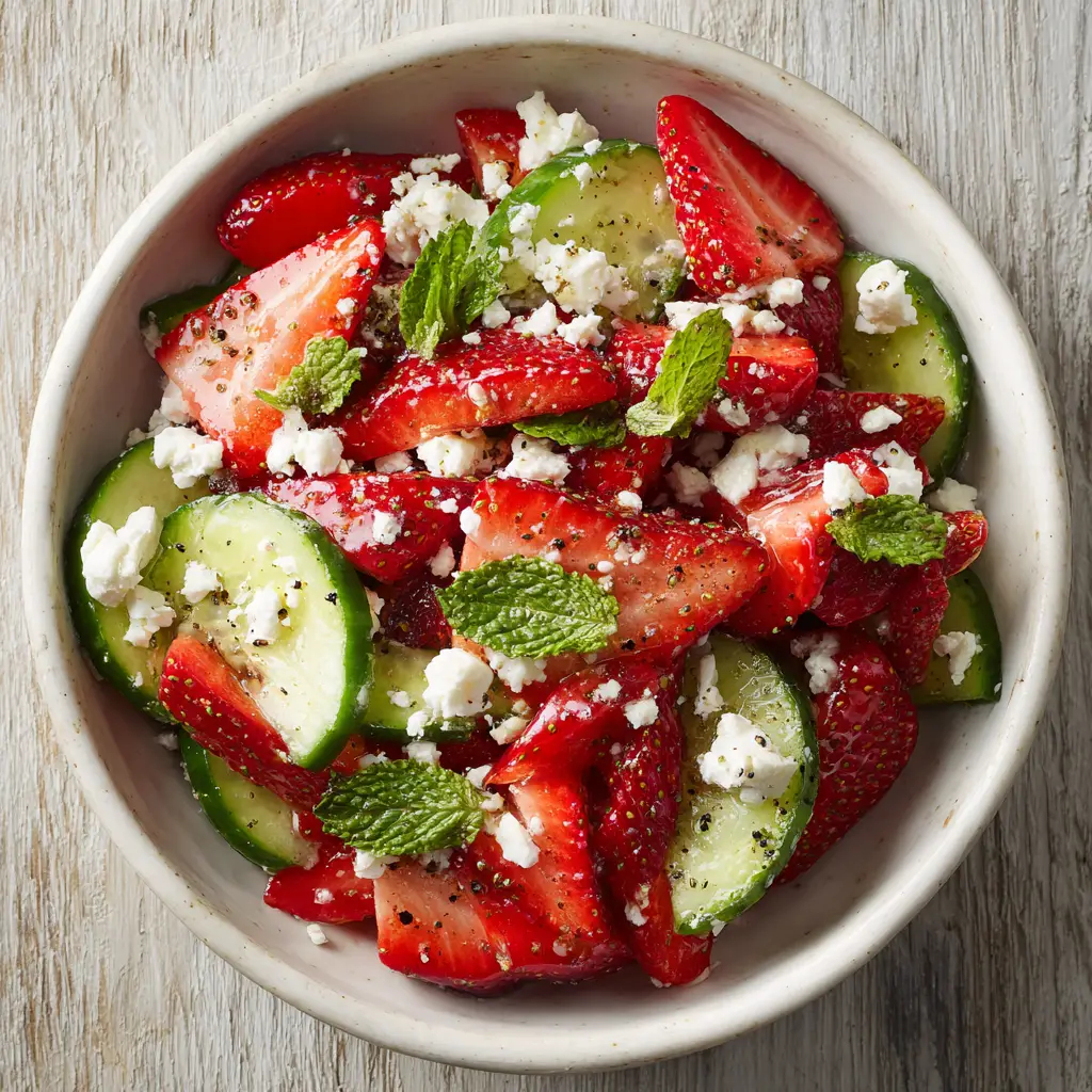 A close-up overhead shot of the fresh ingredients for a strawberry cucumber salad, including sliced strawberries and cucumbers in a bowl.