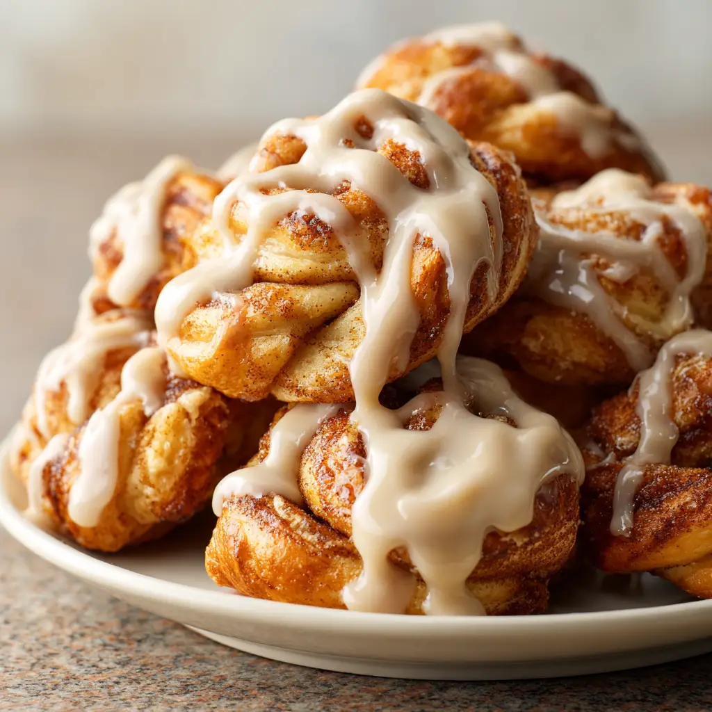 An overhead shot of several freshly baked cinnamon knots arranged neatly on parchment paper. The perfect cinnamon twist recipe for brunch.