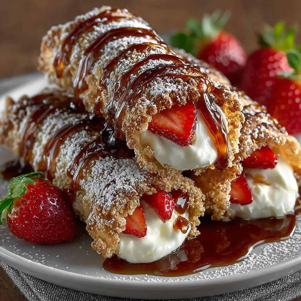 A close-up view of several fried cheesecake egg rolls, highlighting their bubbly, golden-brown texture and crispy wrapper.