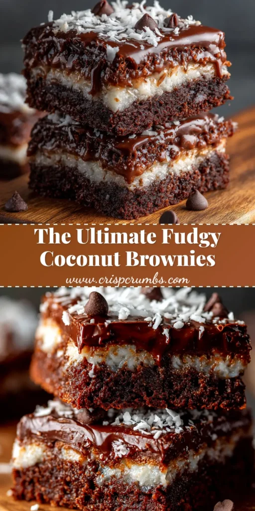 A stack of rich, fudgy coconut brownies on a white plate, with shredded coconut sprinkled around. The brownies have a crinkly top and a chewy texture.
