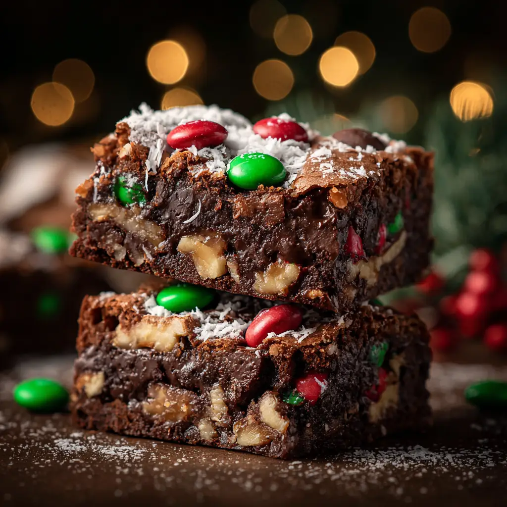 A 9x13 pan filled with Christmas Magic Layer Brownie Bars, just out of the oven and cooled, ready to be sliced.