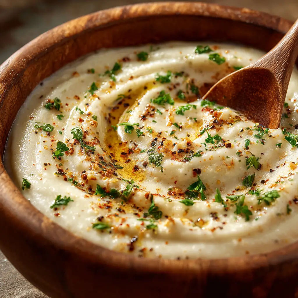 A bowl of finished garlic butter sauce for pizza, garnished with fresh parsley and ready to be used.