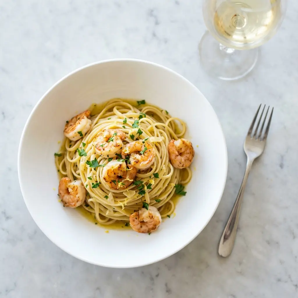 An overhead view of a bowl of garlic butter shrimp pasta without cream on a marble surface.