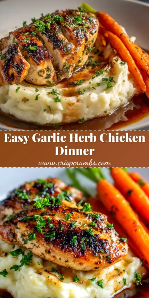 A close-up overhead shot of juicy Garlic Herb Chicken in a cast iron skillet, garnished with fresh parsley and lemon slices.