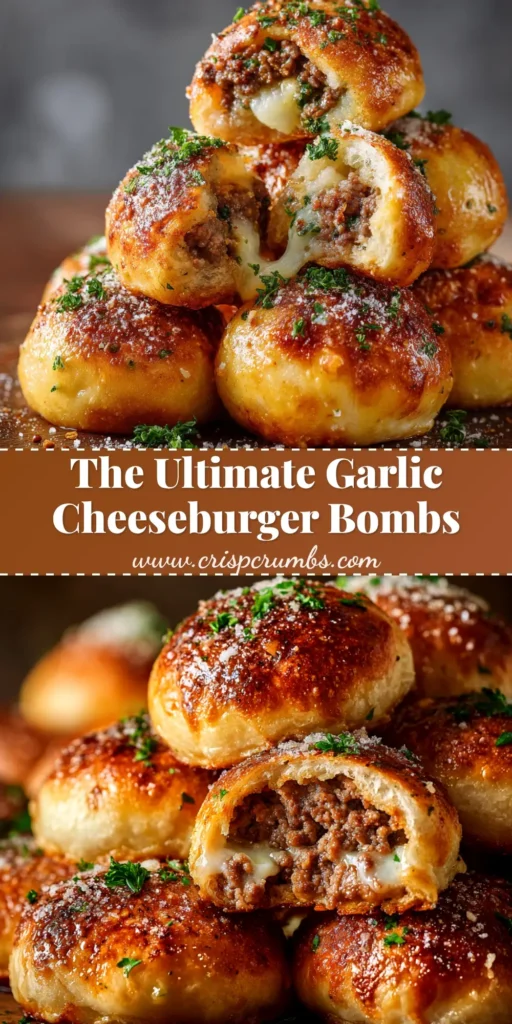 A platter of golden-brown Garlic Parmesan Cheeseburger Bombs, with one broken open to show the cheesy, beefy filling. Perfect appetizer for a party.