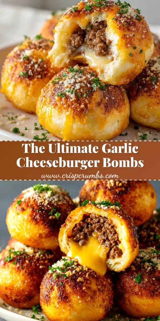 A close-up shot of golden-brown Garlic Parmesan Cheeseburger Bombs arranged on a platter, ready to be served as the perfect party appetizer.