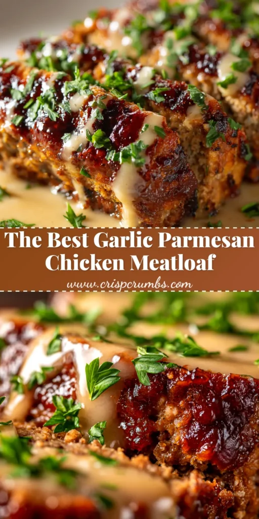 A delicious Garlic Parmesan Chicken Meatloaf recipe that's moist, flavorful, and easy for a weeknight dinner. A slice is shown on a plate, revealing a juicy interior with a savory glaze on top.
