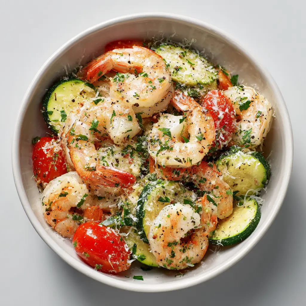 A skillet filled with freshly cooked garlic parmesan shrimp, with ingredients like garlic cloves and parsley scattered around it.