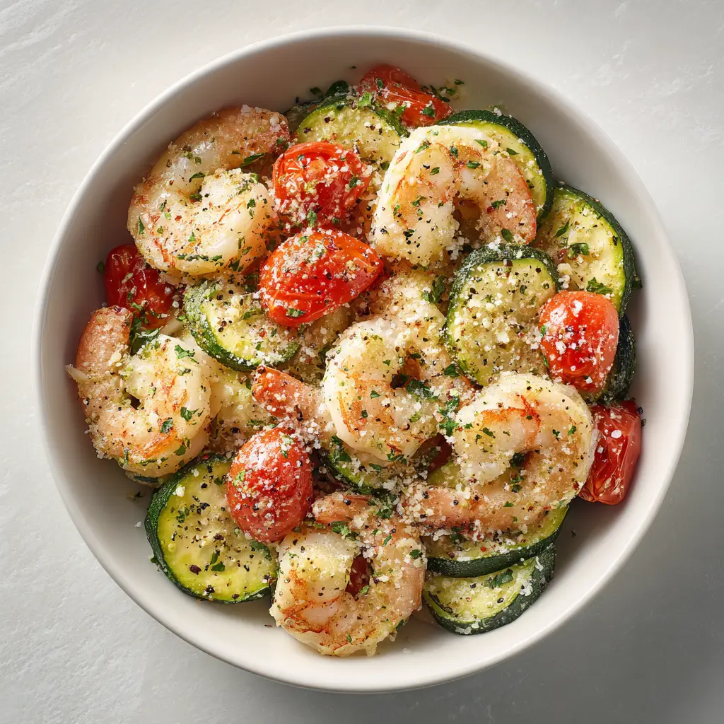 A beautiful final plate of Garlic Parmesan Shrimp served over pasta, ready to eat. The dish is garnished with fresh herbs and a lemon wedge.