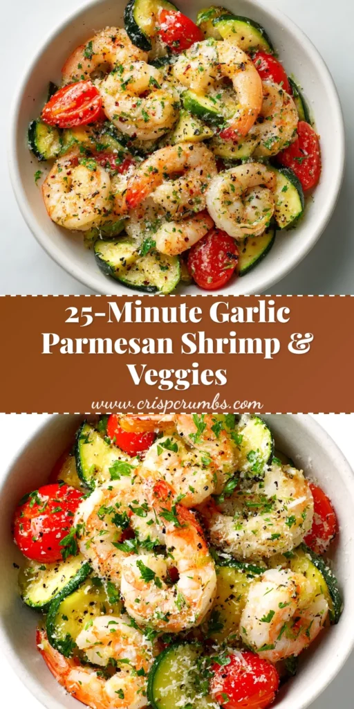 A close-up overhead shot of creamy Garlic Parmesan Shrimp in a white bowl, garnished with fresh parsley. The shrimp are coated in a rich, creamy white sauce.