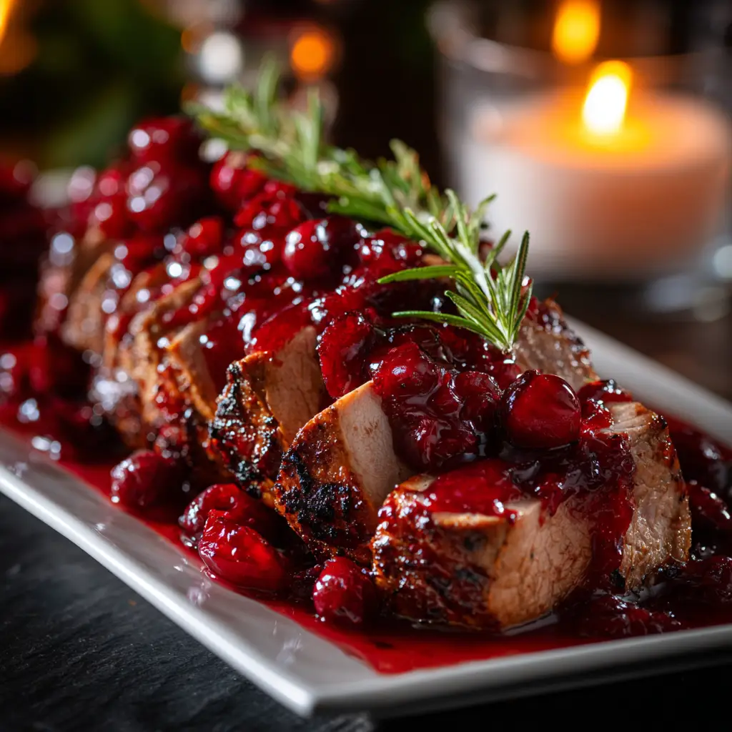 A close-up of the cranberry glaze being brushed onto the seared pork tenderloin before roasting in a skillet.
