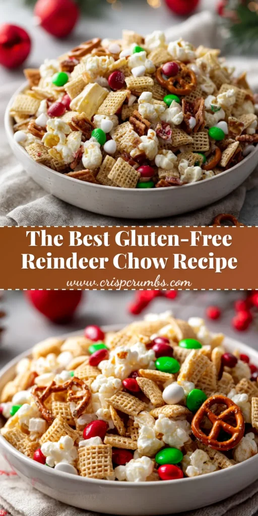 A large bowl of Gluten-Free Reindeer Chow, a festive Christmas snack mix with Chex cereal, pretzels, and red and green M&Ms, shown with a text overlay.