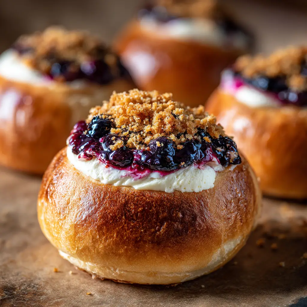 A close-up of several golden brown cheesecake sweet rolls in a baking dish after coming out of the oven.