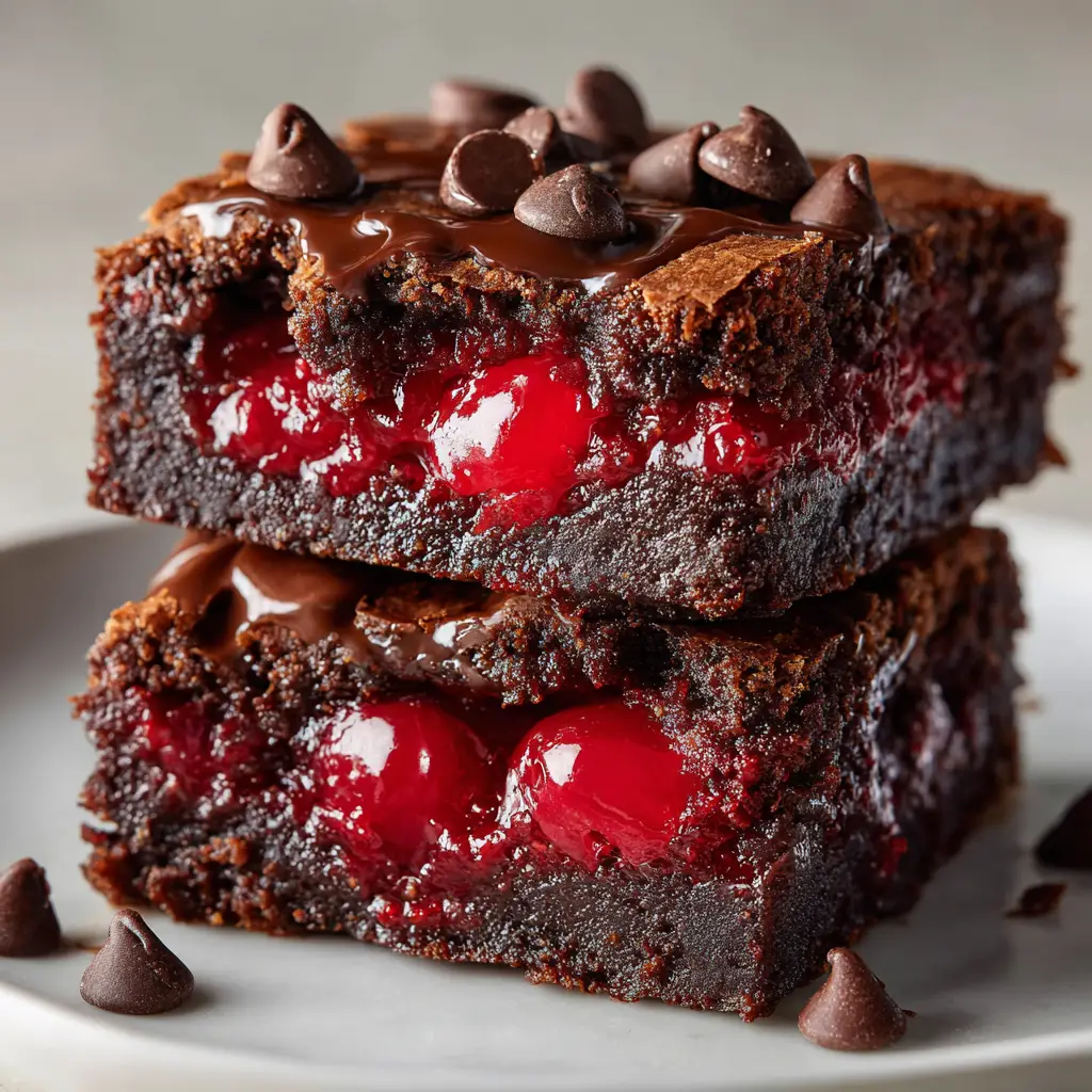 A close-up shot of a gooey chocolate cherry brownie, showcasing the rich, fudgy texture and a bright red cherry inside.