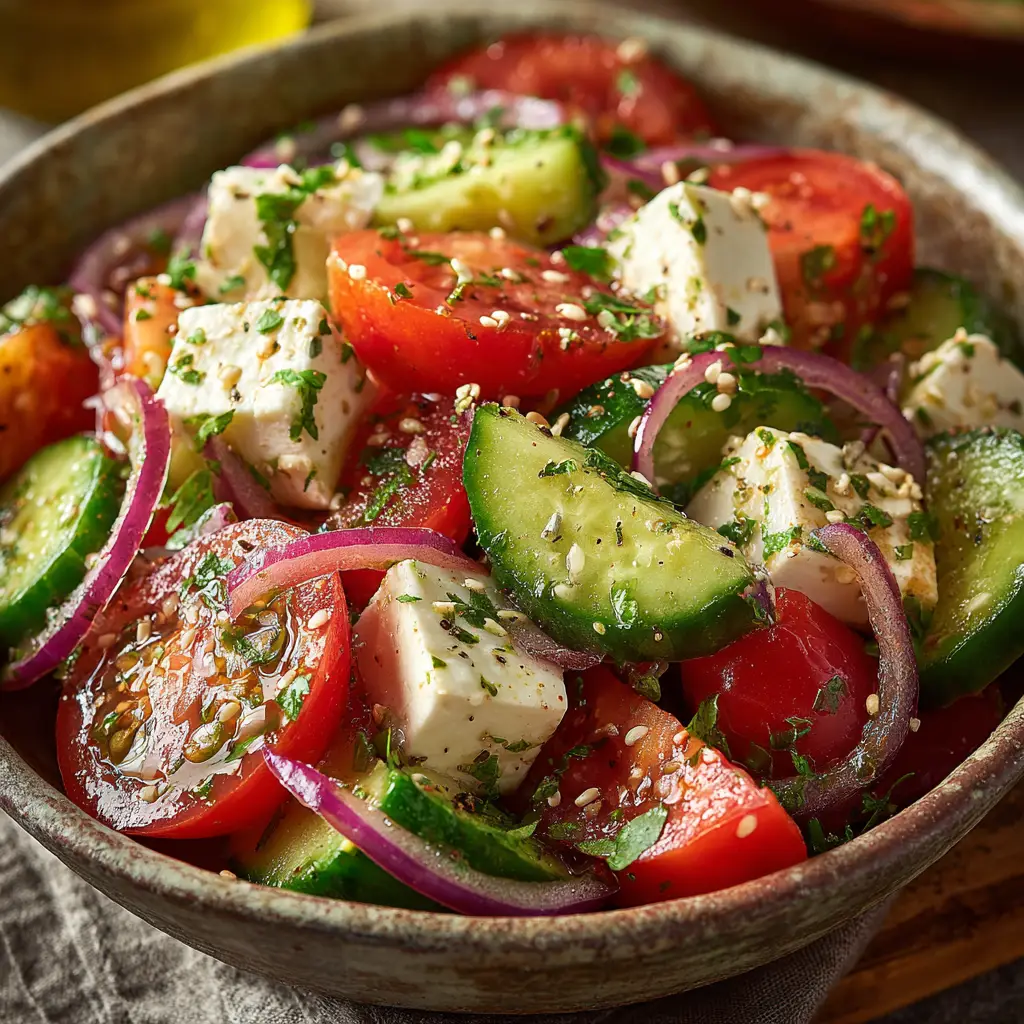 A detailed shot of the components of a Greek salad dressing being prepared next to the chopped vegetables.