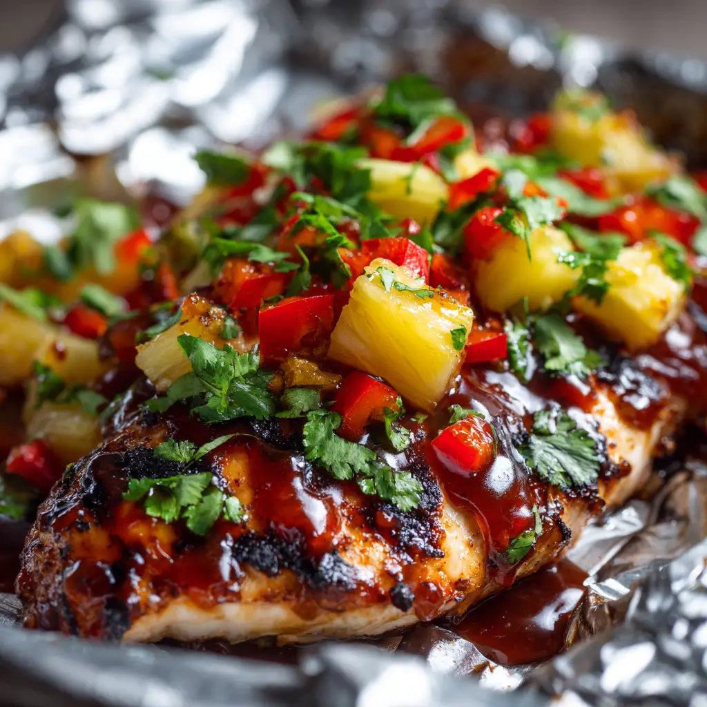 An extreme close-up of grilled pineapple chicken from a foil packet, showing the char marks and juicy texture of the meat and fruit.