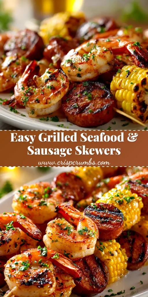 A close-up of perfectly charred grilled seafood skewers, featuring juicy shrimp and scallops with colorful bell peppers and onions, ready to be served.