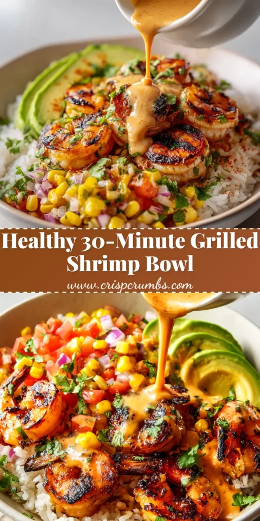 A vibrant and healthy Grilled Shrimp Bowl with cilantro lime dressing, corn, black beans, and avocado, shown from above. Perfect for a quick dinner recipe.