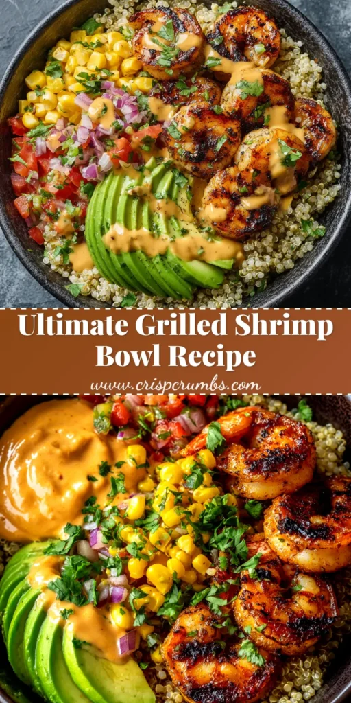 An overhead shot of a healthy grilled shrimp bowl, loaded with cilantro lime shrimp, black beans, corn, and avocado on a bed of rice.