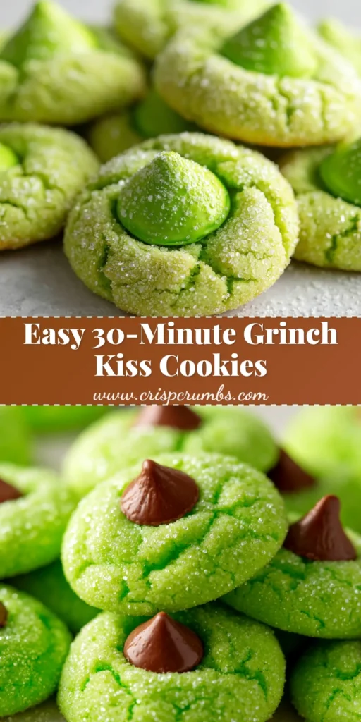 A platter of festive green Grinch cookies with powdered sugar crinkles and red heart sprinkles, perfect for Christmas baking.