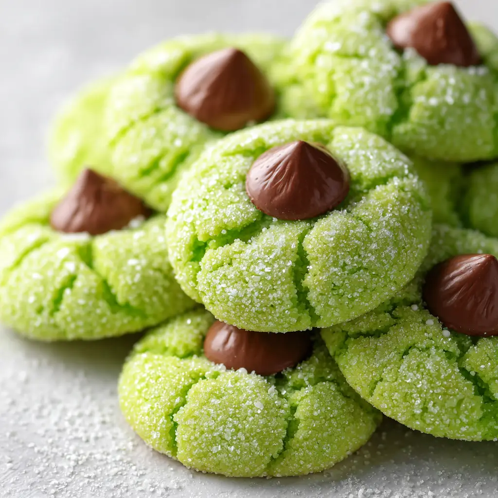A close-up of a vibrant green Grinch crinkle cookie, showing the soft, chewy texture and the red heart sprinkle in the center.