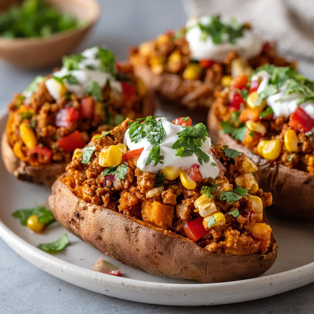 A close-up shot of the seasoned ground turkey filling inside a fluffy baked sweet potato, highlighting the texture and savory ingredients.
