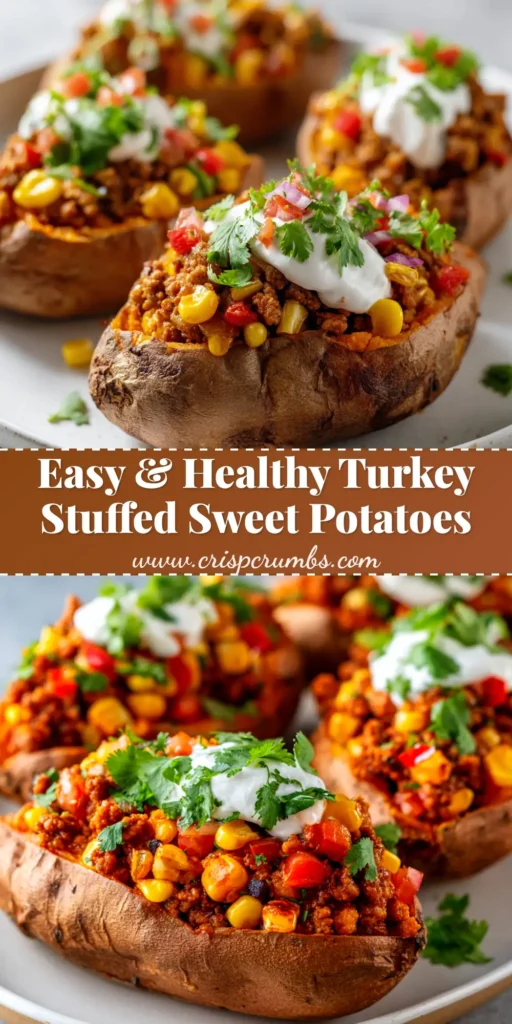 An overhead shot of delicious ground turkey stuffed sweet potatoes, garnished with fresh cilantro and cheese. A perfect healthy weeknight dinner idea.