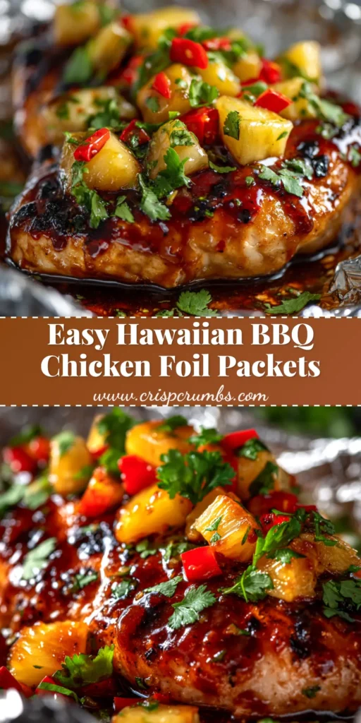 A delicious overhead shot of Hawaiian BBQ Chicken Pineapple Foil Packets, showing juicy chicken, caramelized pineapple, and colorful bell peppers. The perfect easy grilling recipe.