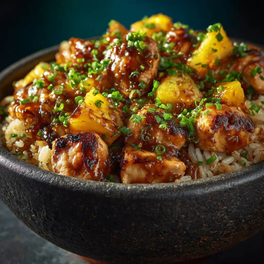 A close-up shot of a serving of Hawaiian chicken and rice on a dark plate, showing tender chunks of chicken, sweet pineapple, and fluffy rice.